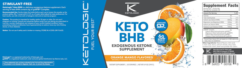 Ketologic Keto BHB Orange Mango – 30 Servings | Exogenous Ketone Supplement with goBHB
