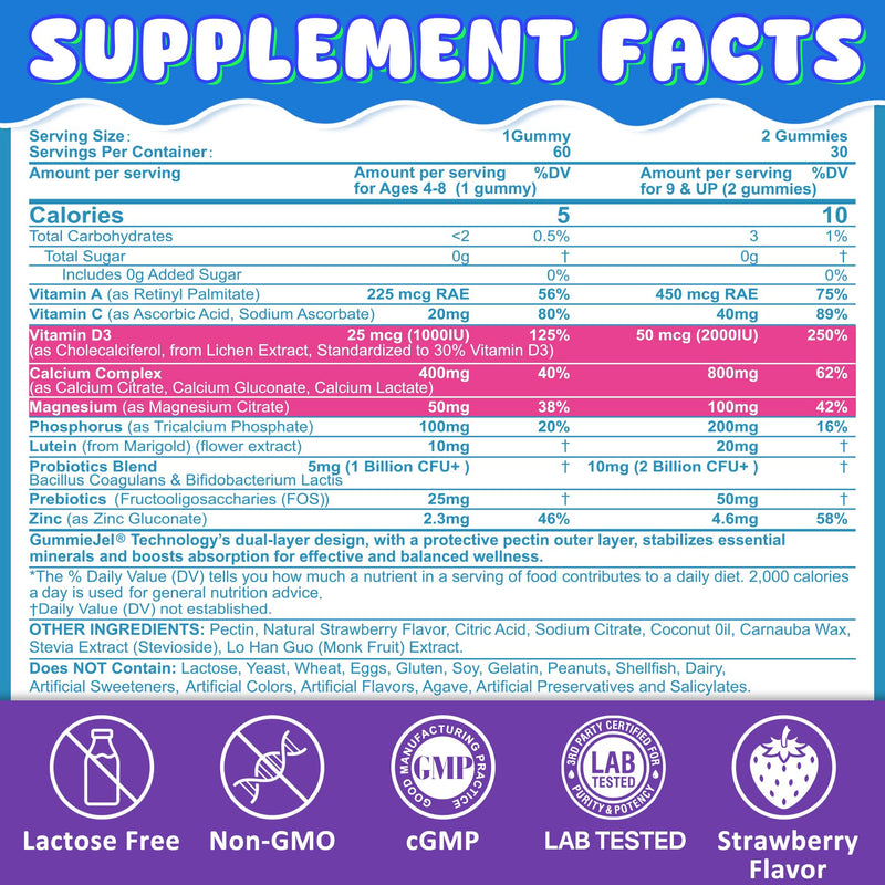Kids Calcium Gummies + D3 & Magnesium for 4+ (60 Count) – Sugar Free, Probiotics & Prebiotics