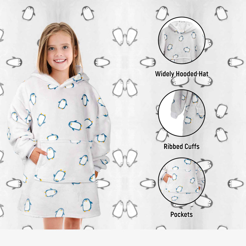 Kids Cozy Oversized Hooded Penguin Blanket Plush Flannel Fleece Hoodie with Sherpa Lining Ages 8-15 Warm Comfortable Durable Loungewear Gift by Daisy Dreamer