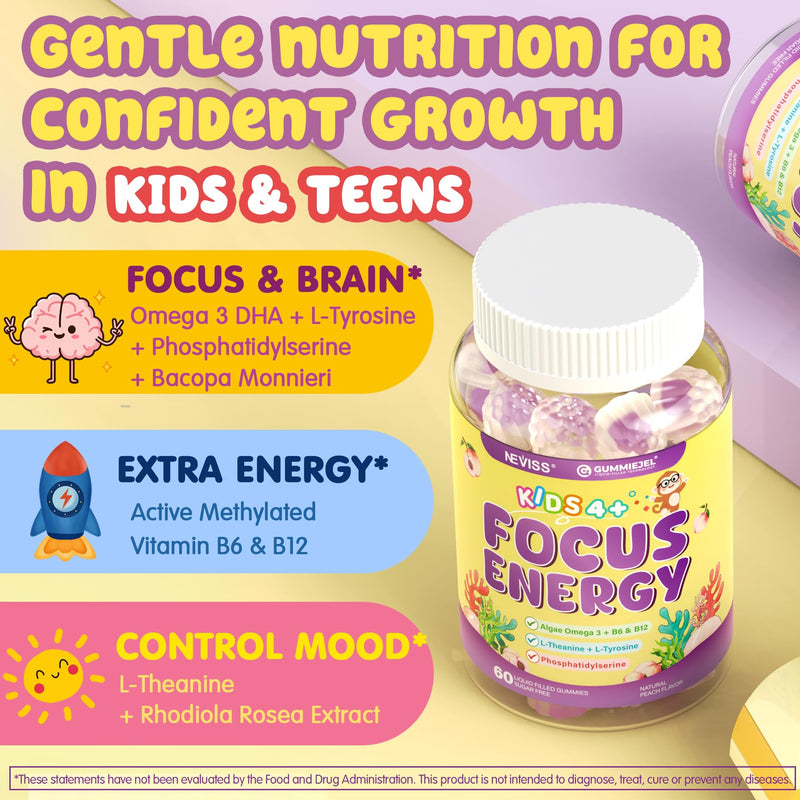 Kids Focus Gummies - Brain Supplements with Vegan Omega 3 DHA, Phosphatidylserine, L-Theanine, L-Tyrosine, Methylated B6 & B12 for Kids & Teen Support Attention, Memory, Nootropic, Sugar Free 60cts