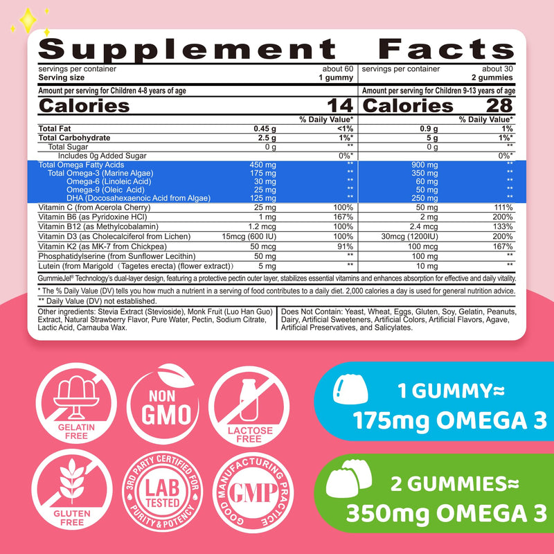 Kids Omega 3 Gummies 4+ | DHA, D3, K2, C, B6, Methyl B12 | Sugar Free | No Fish Taste | 60 Gummies