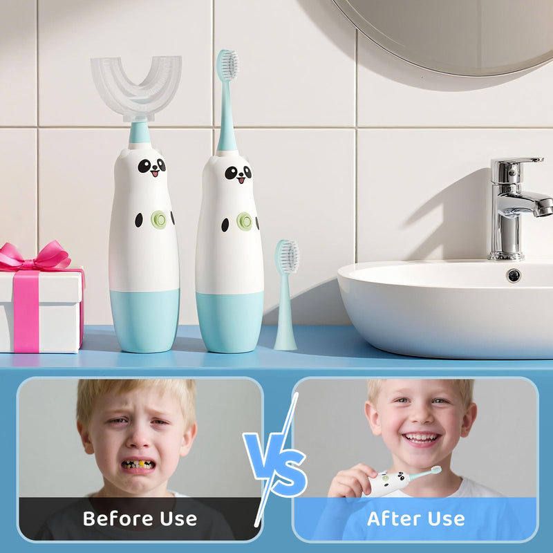 Kids U-Shaped Electric Toothbrush – 2 Heads, 360° Cleaning (Blue) for Ages 8-13