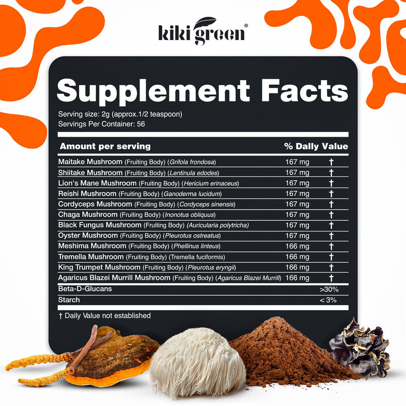 KIKI Green 12 Mushroom Powder 4 oz – Focus, Energy & Immunity (Vegan)