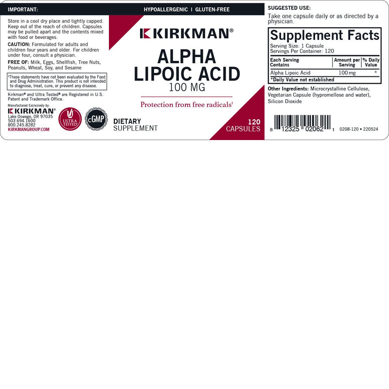 Kirkman Alpha Lipoic Acid 100 mg - Hypoallergenic | 120 Vegetarian Capsules