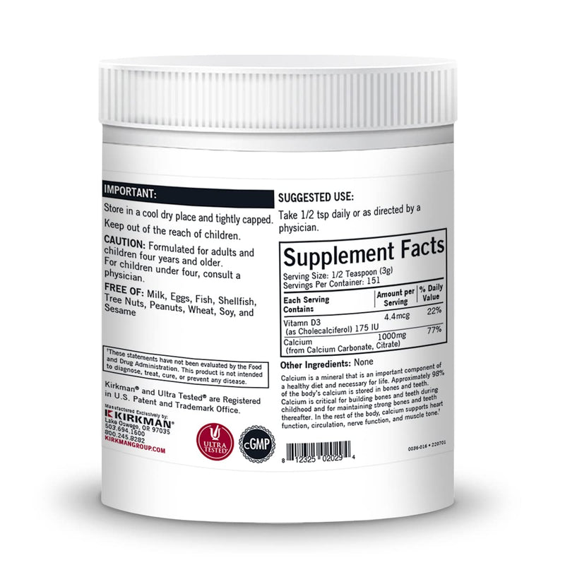 Kirkman Calcium with Vitamin D3 Powder – Unflavored, Hypoallergenic, Gluten & Casein Free | 454 g (16 oz)