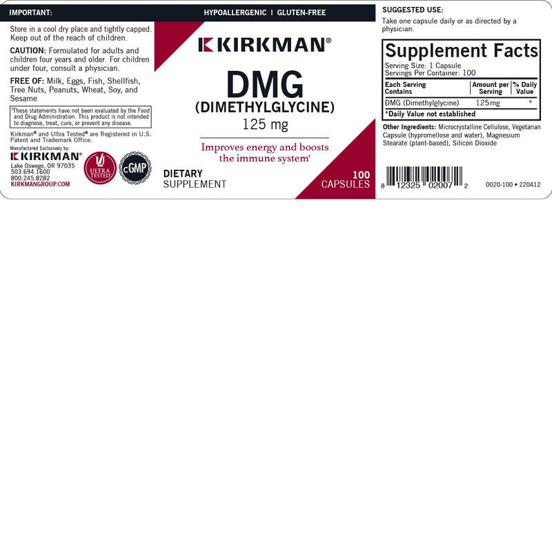 DMG (Dimethylglycine), 125 mg, 100 Capsules, Kirkman Labs