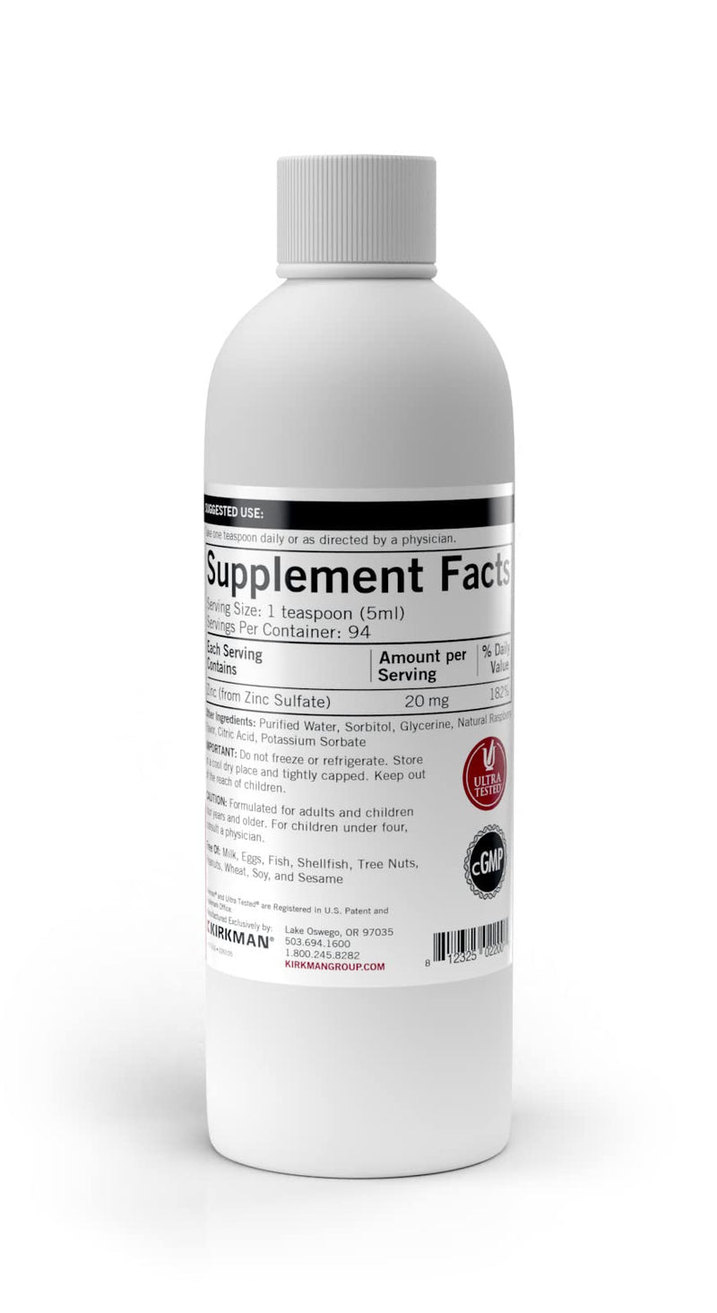 Kirkman Zinc Liquid - New Formulation, 16 oz, Natural Raspberry Flavor, Free of Common Allergens