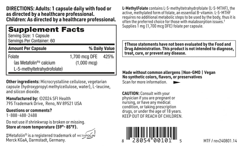 Klaire Labs SFI Health L-Methylfolate - 1000 mcg Folate Highly Bioavailable (60 Capsules)