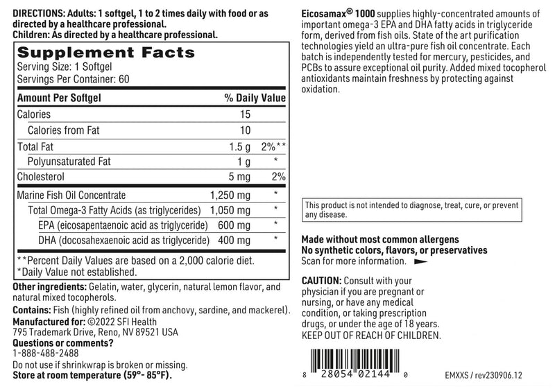 Klaire Labs Eicosamax 1000 TG Fish Oil – 1000 mg EPA/DHA per Soft Gel