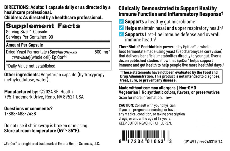 Klaire Labs SFI Health EpiCor Immune Support - 90 Veg Capsules - Soy & Gluten Free