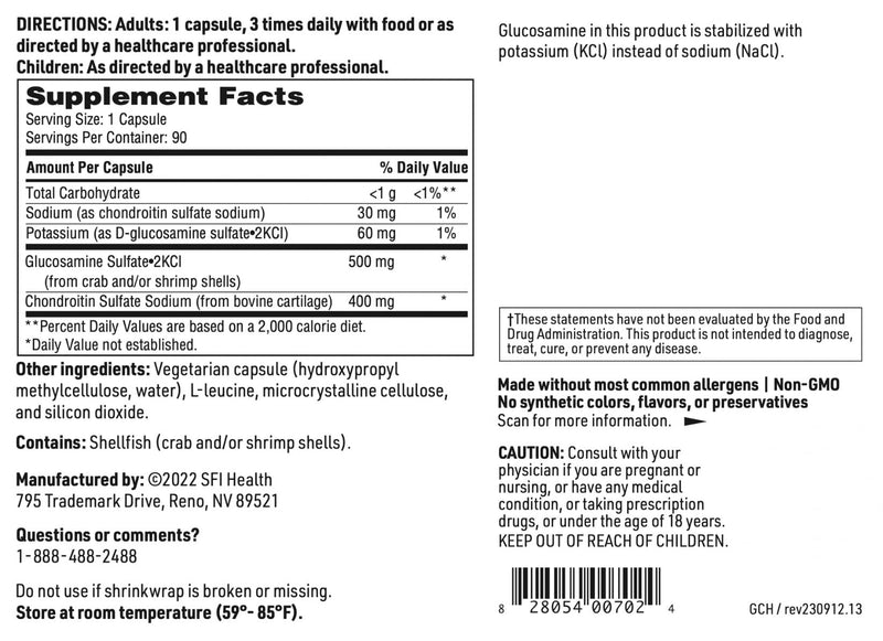 Klaire Labs SFI Health Glucosamine Chondroitin - Joint Support (Soy & Dairy-Free) 90 Capsules