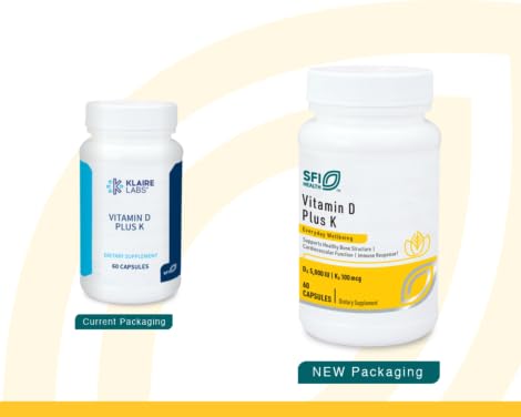 Klaire Labs SFI Health Vitamin D Plus K - Bioavailable Vitamin K2 D3 Supplement for Bone & Immune Support - Each Capsule Delivers D3 5000 iu & K2 100 Mcg (60 Capsules)