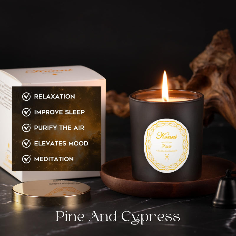 KONNI Pisces Zodiac Candle – 7 oz Soy Wax, Pine & Cypress Gift