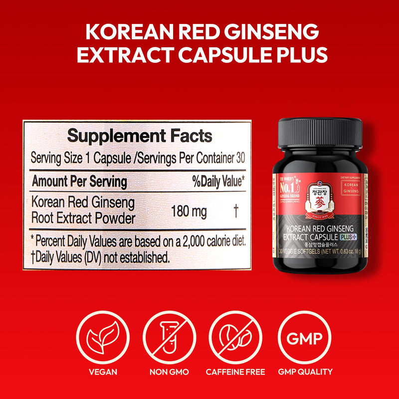 Korean Red Ginseng Extract Capsule Plus - Vegan Energy & Immune Support (600mg, 30 Caps)