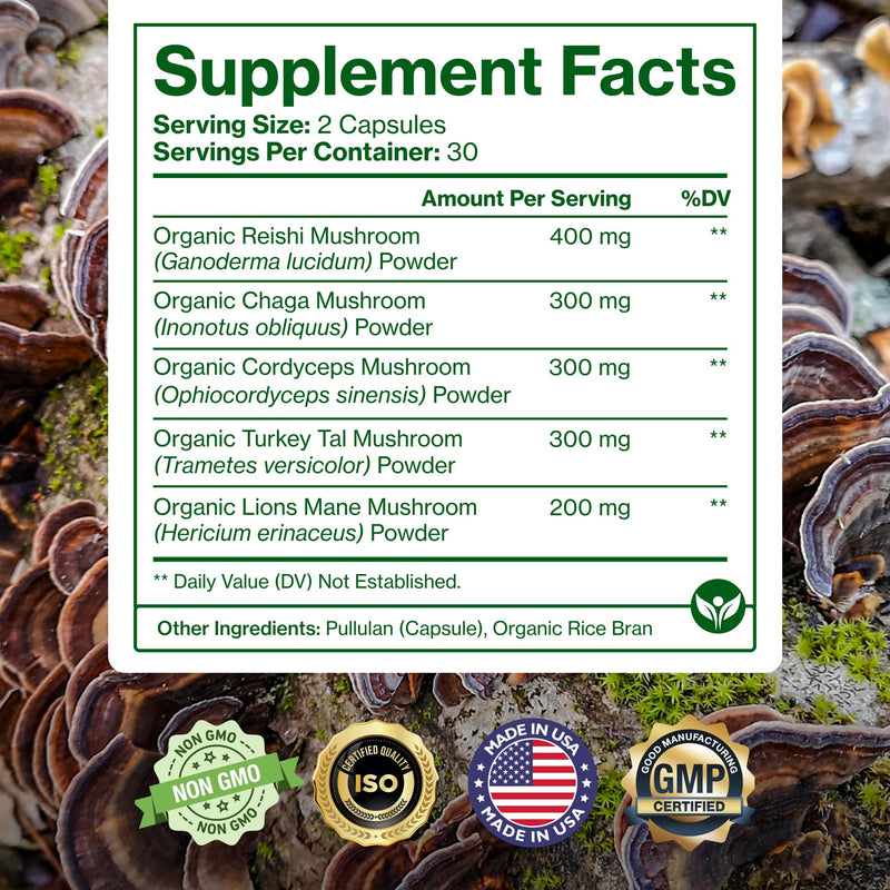 Pure Micronutrients Organic Mushroom Supplement - Immune Support, Nootropic Brain Memory, Focus & Energy - Lions Mane, Reishi, Chaga, Cordyceps & Turkey Tail - 60 Vegan, USA Grown