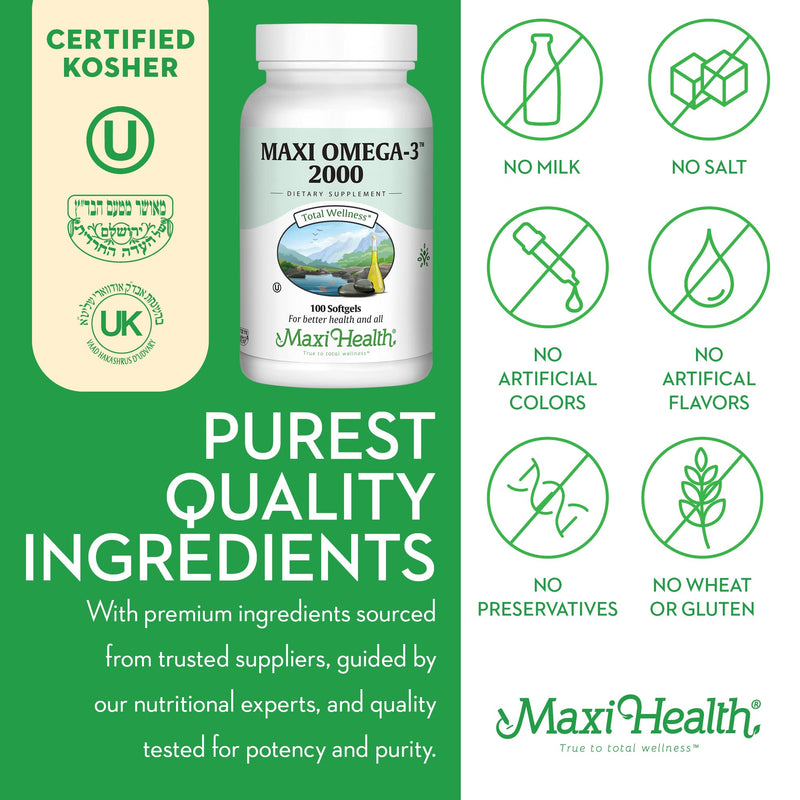 Maxi Health Omega 3 2000mg - Triple Strength Fish Oil with No Fishy Aftertaste | Kosher, 100 Softgels
