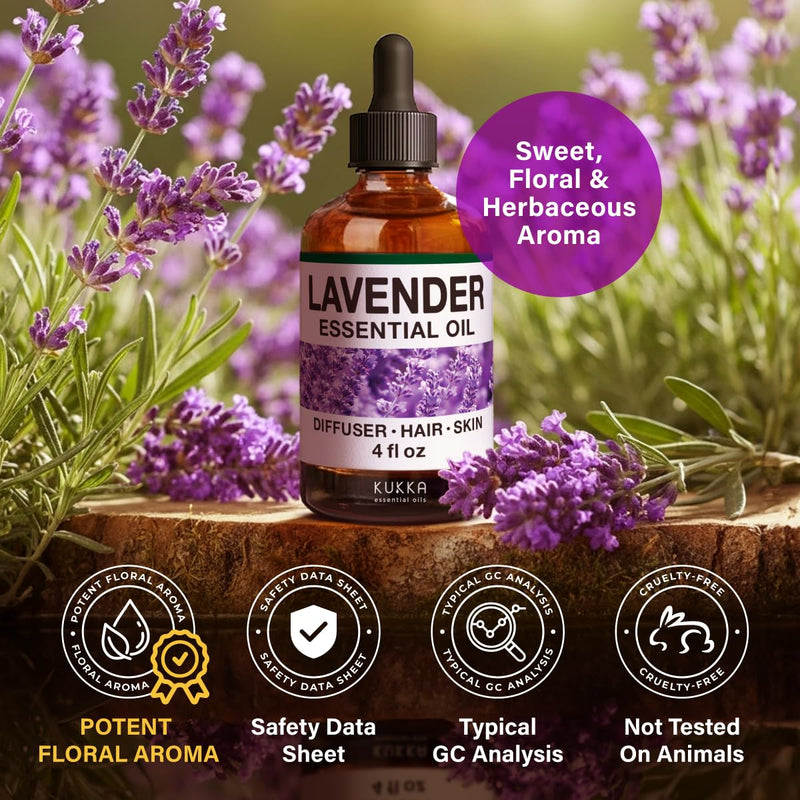 KUKKA Lavender Essential Oil 4 oz – Diffuser, Skin, Hair, DIY Soap