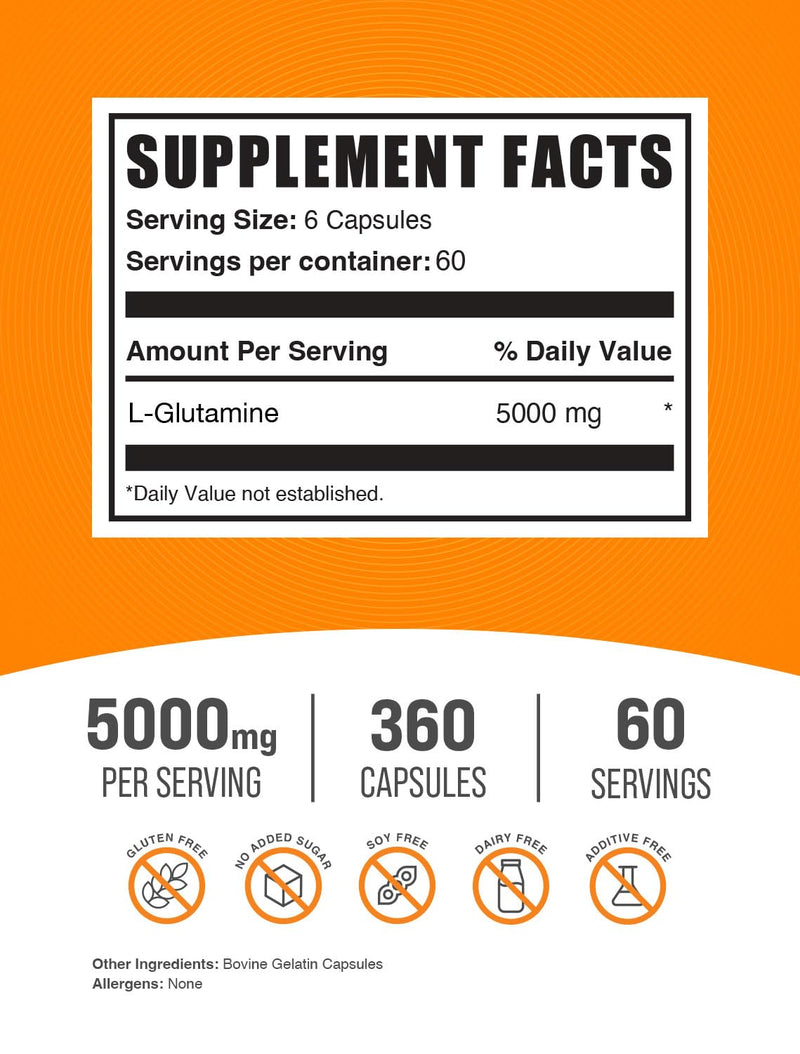 BulkSupplements L-Glutamine Capsules 5000mg – 360 Count, Gluten Free