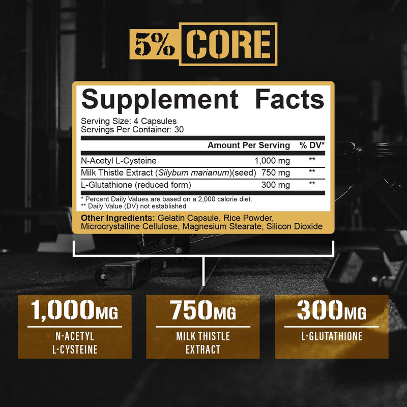 5% Core Liver Support | NAC 1000mg, Milk Thistle 750mg, L-Glutathione 300mg | Liver Cleanse Detox & Repair Supplement (30 Capsules)