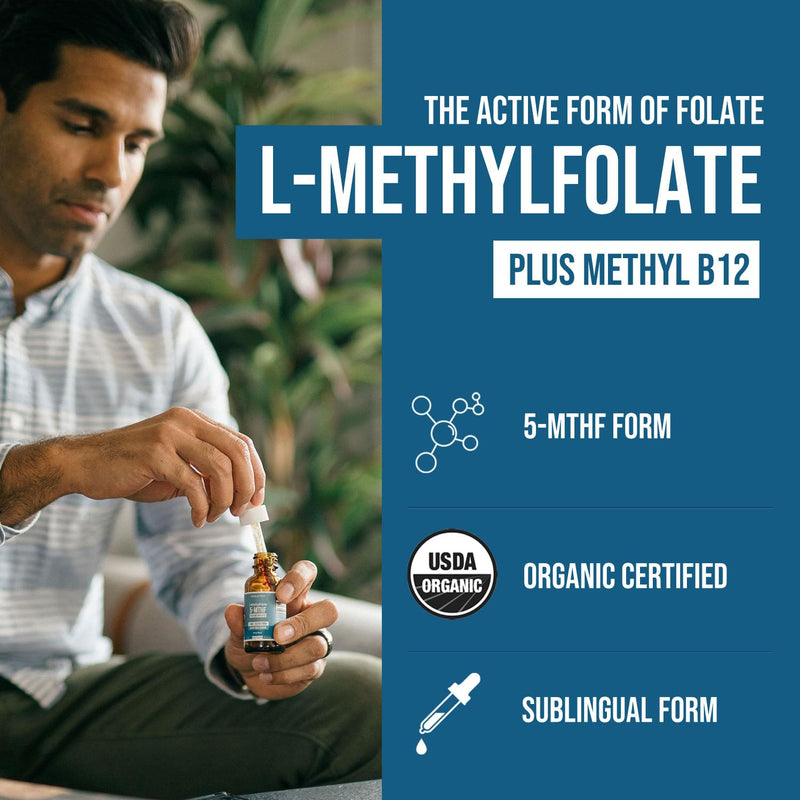 L-Methyl Folate 15mg + Methyl B12 Cofactor – Organic Berry Flavor, High Potency Liquid Sublingual 5-MTHF Calcium Salt | Supports Mood, Methylation & Cognition (1oz)
