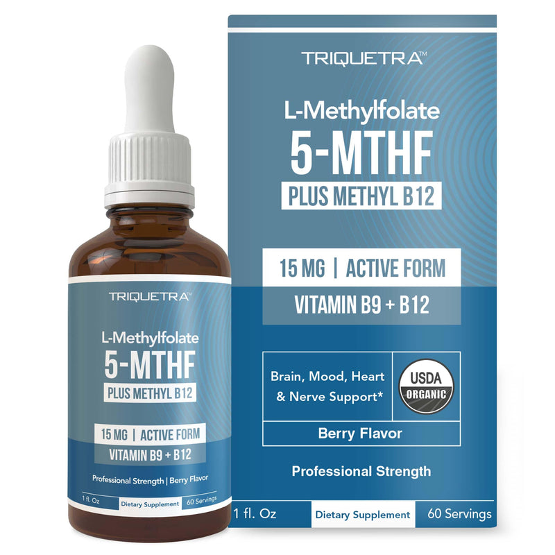 L-Methyl Folate 15mg + Methyl B12 Cofactor – Organic Berry Flavor, High Potency Liquid Sublingual 5-MTHF Calcium Salt | Supports Mood, Methylation & Cognition (1oz)