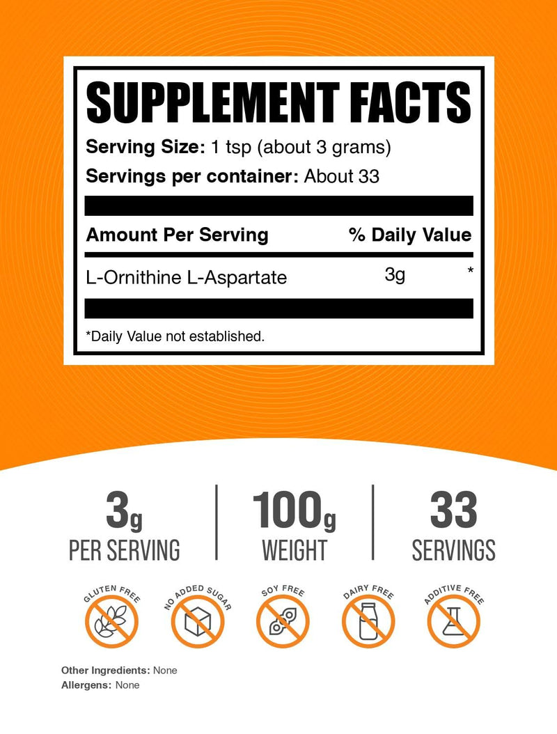 L-Ornithine L-Aspartate Powder – Gluten Free Amino Acid Supplement (3g/Serving, 100g Pack of 2)