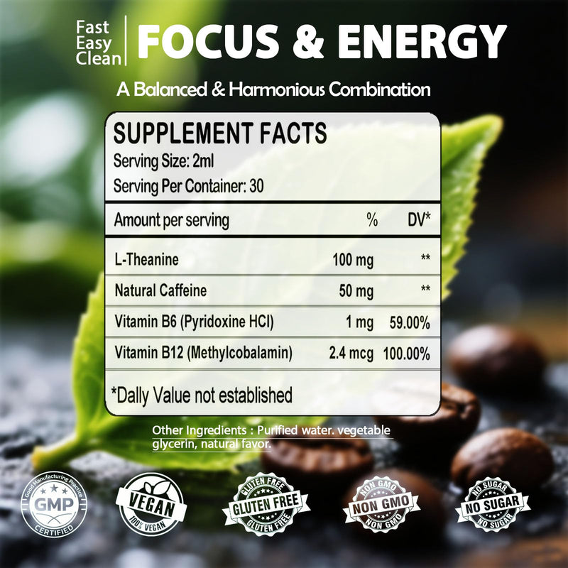 L-Theanine Caffeine Liquid Drops for Women & Men – Energy, Focus, Calm with 100mg L-Theanine, 50mg Caffeine, B12 & B6