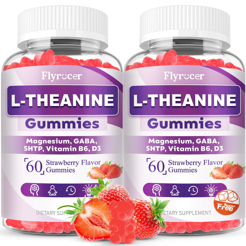 2 Pack L-Theanine Gummies - 400mg with Ashwagandha, Magnesium, 5-HTP & GABA | Vegan Strawberry Flavor | 120 Count