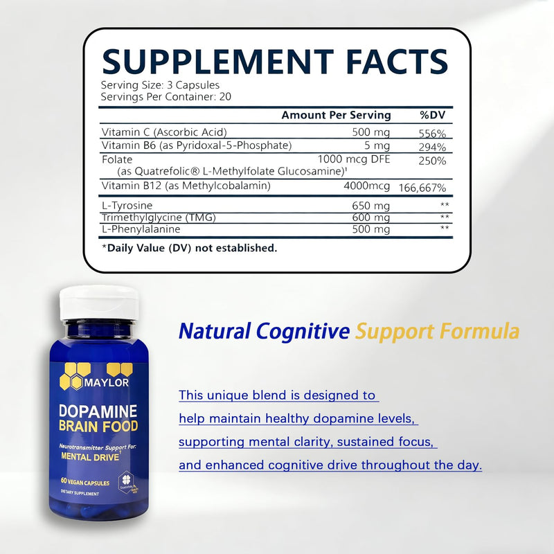 L-Tyrosine Dopamine Brain Food 650mg | Mental Energy & Focus (Vegan, 60 Count)
