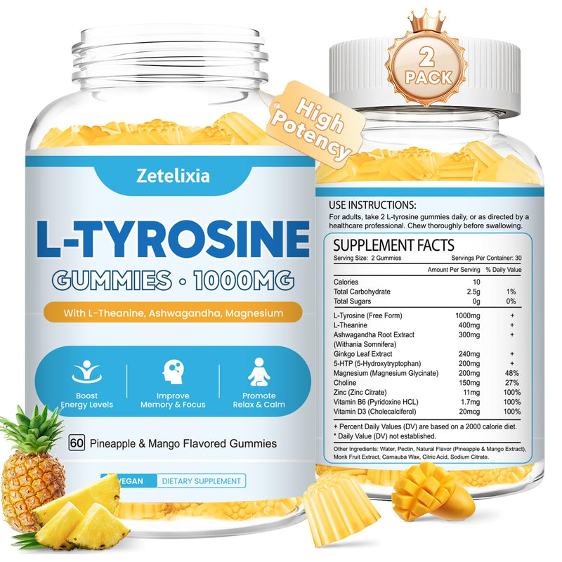L Tyrosine Gummies 2 Pack - L-Tyrosine + L-Theanine, B6 & D3 - Pineapple Mango 120 Ct
