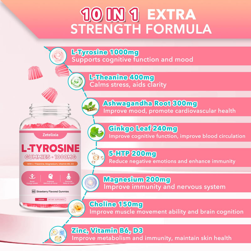 L Tyrosine Gummies 2-Pack – 10-in-1 L-Tyrosine + L-Theanine, B6 & D3 (Strawberry, 120 Ct)