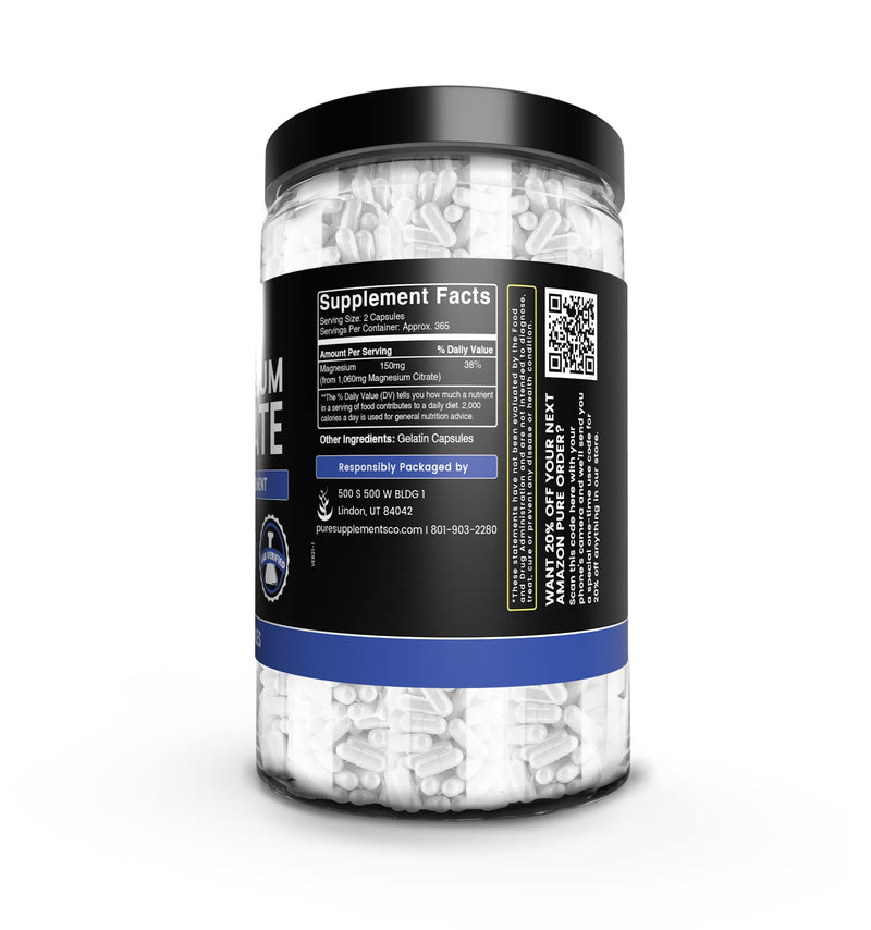 Pure Original Magnesium Citrate - 730 Capsules | No Magnesium or Rice Fillers, Always Pure, Lab Verified