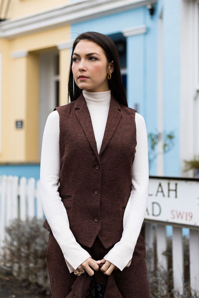 WS-12 - Women's Tweed Suit Blazer Trousers Waistcoat Herringbone Wool Rust Brown