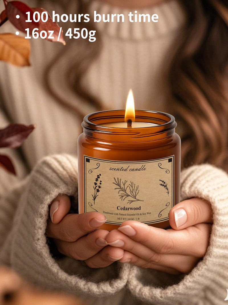 Cedarwood Soy Wax Candle 16oz – 100 Hour Burn Time, Aromatherapy & Cozy Home Fragrance