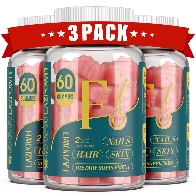 Lazpowfi Biotin Gummies - Vegan Hair, Skin & Nails Vitamins (90-Day Raspberry 3-Pack)