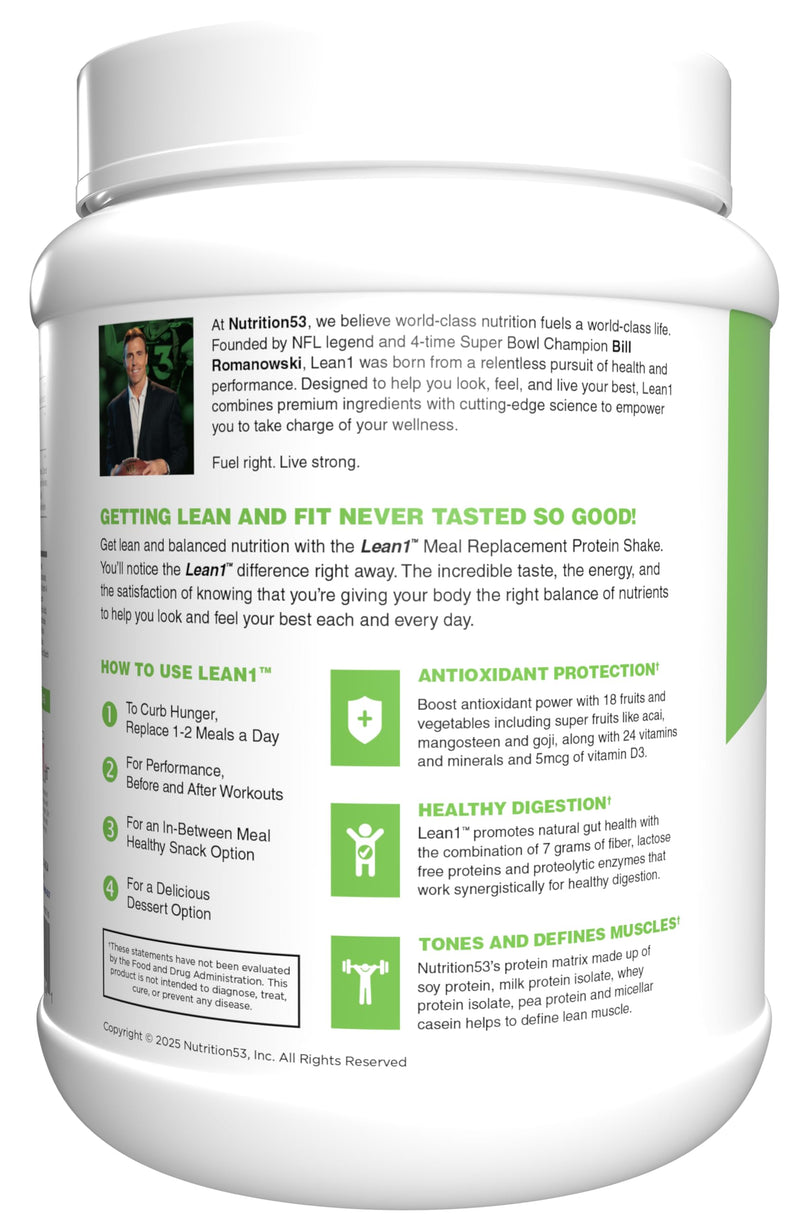 Lean1 Meal Replacement Protein Shake – Strawberry, 15 Servings | Vitamins, Digestive Support & Lean Muscle