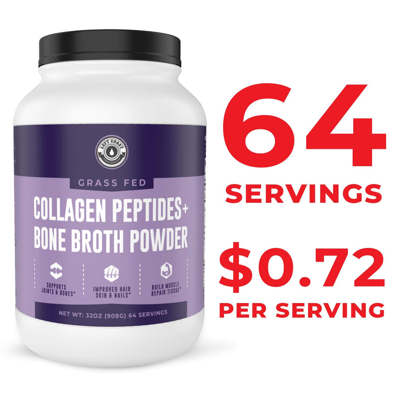 Left Coast Performance Collagen Bone Broth Powder – Grass-Fed, Unflavoured, 2lb (64 Servings)