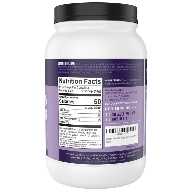 Left Coast Performance Collagen Bone Broth Powder – Grass-Fed, Unflavoured, 2lb (64 Servings)