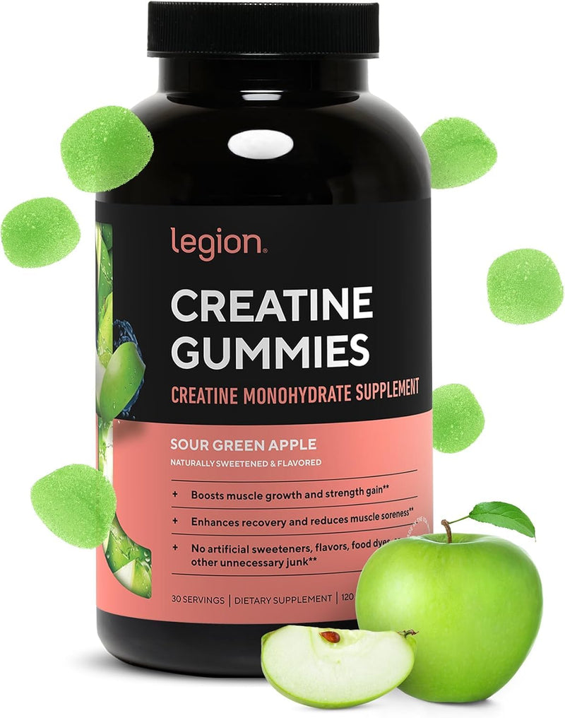 LEGION Creatine Monohydrate Gummies – Clean, Chewable 5g Serving, 30 Sour Green Apple Gummies, Lab-Tested