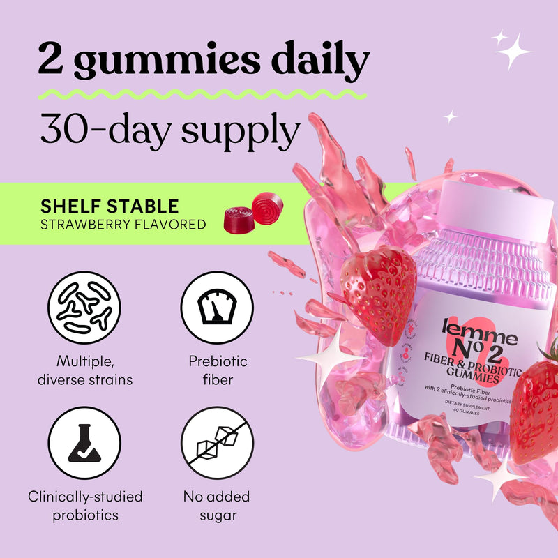 Lemme No. 2 Fiber & Probiotic Gummies for Adults – No Sugar Added, Strawberry (60 Count)