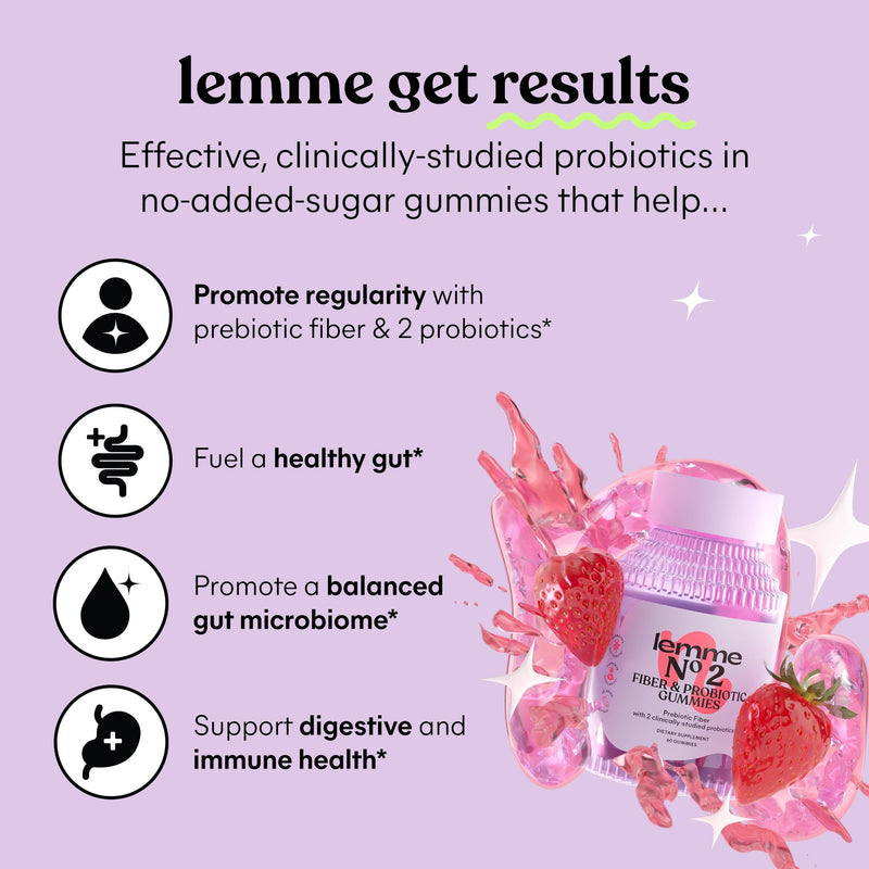 Lemme No. 2 Fiber & Probiotic Gummies for Adults – No Sugar Added, Strawberry (60 Count)