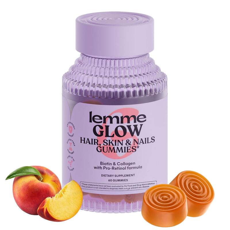 Lemme Glow Collagen Gummies – Thick Hair, Strong Nails & Healthy Skin | Biotin, Multi-Collagen, Zinc, Vitamins A/C/E | Peach Flavor 60 ct