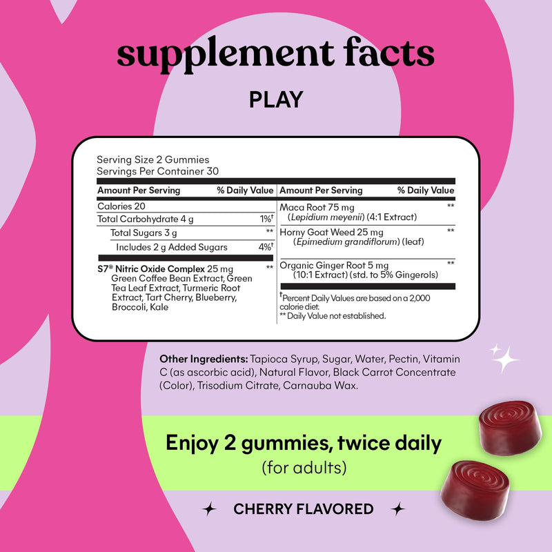 Lemme Play Intimacy Gummies – S7 Nitric Oxide, Maca & Goat Weed (Cherry, 60 ct)