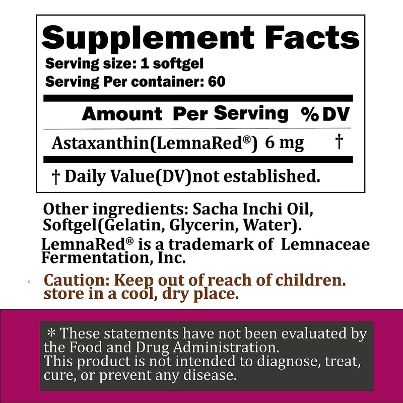 LemnaRed Free-Form Astaxanthin 6mg Softgels – 60 Count | Strongest Antioxidant with Sacha Inchi Oil