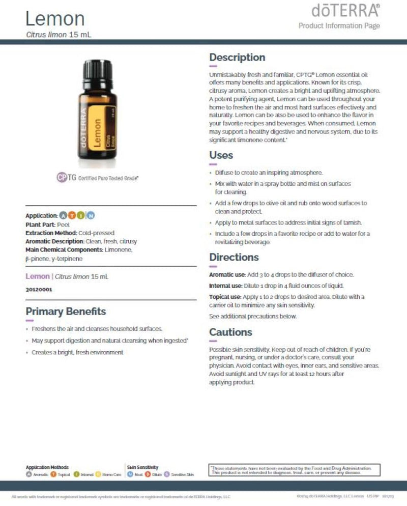 DoTerra Lemon Essential Oil 15 mL | Cold-Pressed Citrus Oil