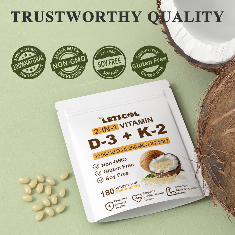 LETSCOL 2-in-1 Vitamin D3 K2 Softgel – 10,000 IU D3 + 200 mcg K2 MK7