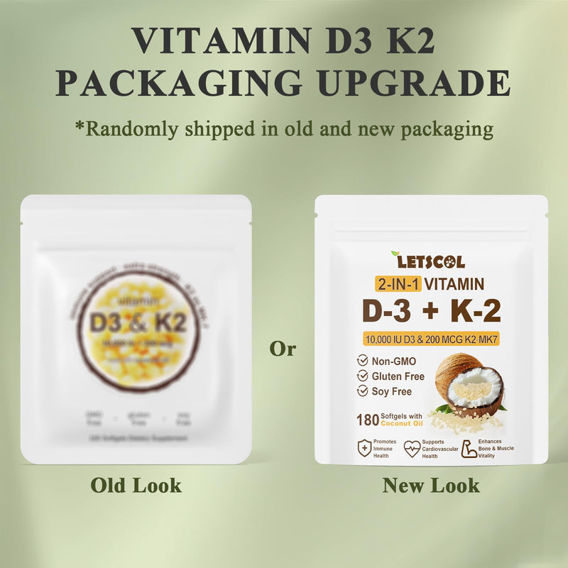 LETSCOL 2-in-1 Vitamin D3 K2 Softgel – 10,000 IU D3 + 200 mcg K2 MK7