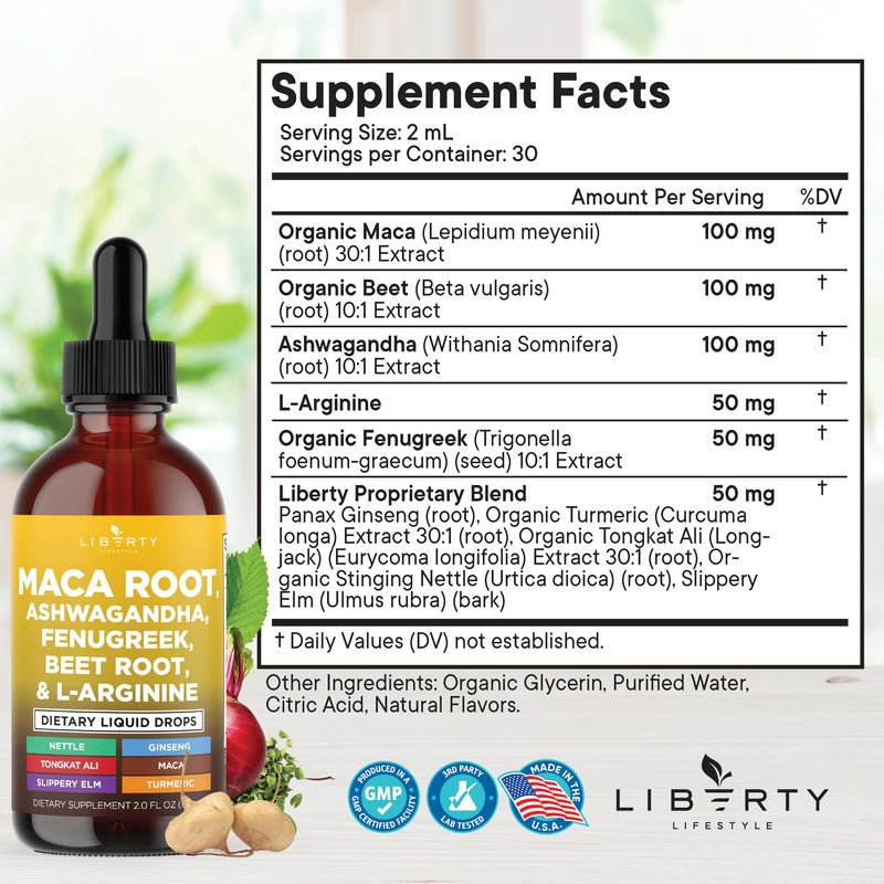 Liberty Lifestyle Organic Maca Root Liquid Drops – 4oz (Ashwagandha, Nettle, L-Arginine)