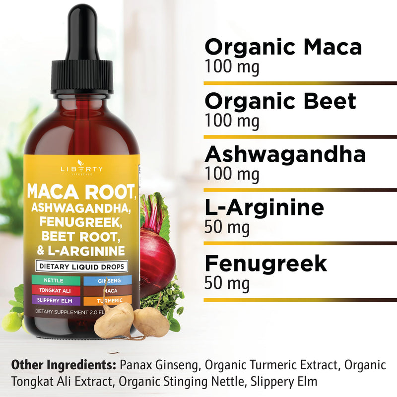 Liberty Lifestyle Organic Maca Root Liquid Drops – 4oz (Ashwagandha, Nettle, L-Arginine)