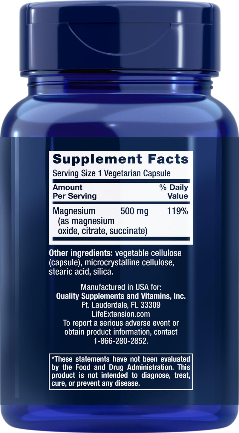 Life Extension Magnesium 500 mg – 100 Vegetarian Capsules (Pack of 3) | Non-GMO